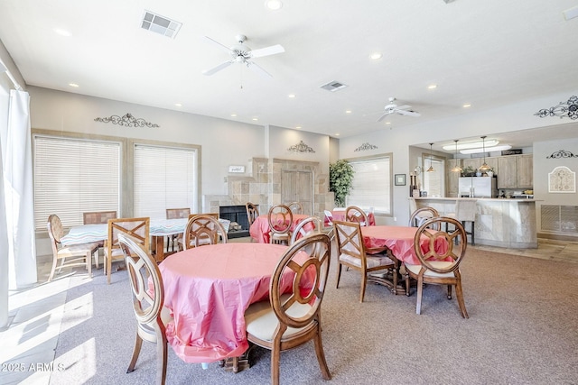 dining room featuring visible vents, recessed lighting, and a ceiling fan