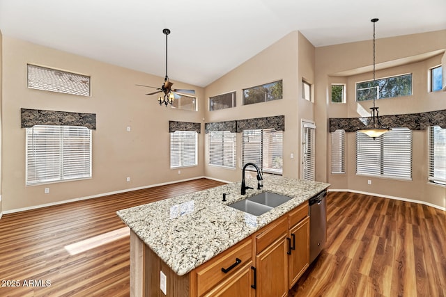 kitchen featuring wood finished floors, stainless steel dishwasher, a sink, and pendant lighting