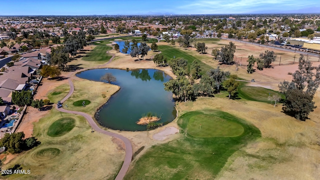 bird's eye view with golf course view and a water view