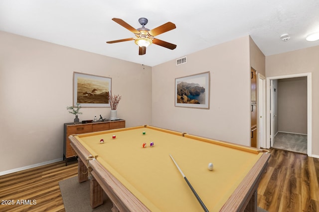 recreation room with a ceiling fan, pool table, visible vents, and wood finished floors