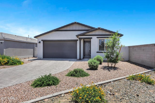 6145 S Adelle, Mesa, AZ 85212 - ranch-style house with a garage, decorative driveway, stucco siding, and board and batten siding