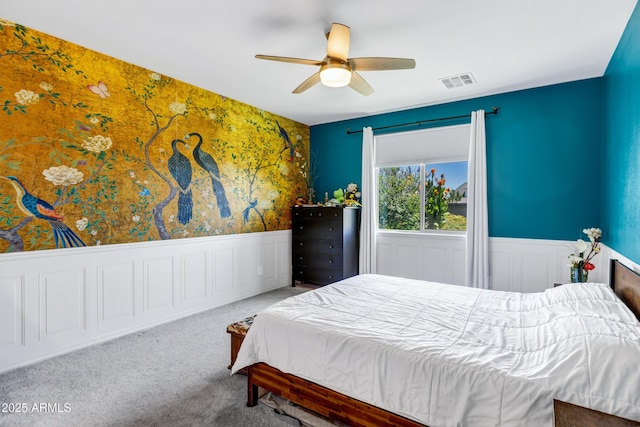 6145 S Adelle, Mesa, AZ 85212 - bedroom featuring wainscoting, wallpapered walls, carpet flooring, and a ceiling fan