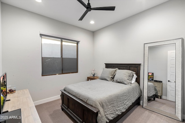 carpeted bedroom with ceiling fan, baseboards, and recessed lighting