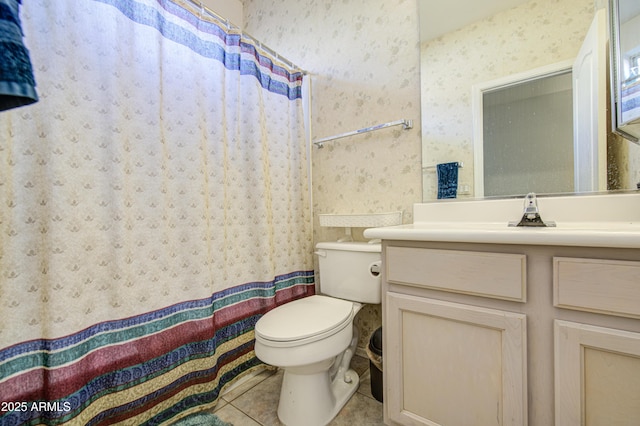 full bath featuring toilet, wallpapered walls, tile patterned flooring, and vanity