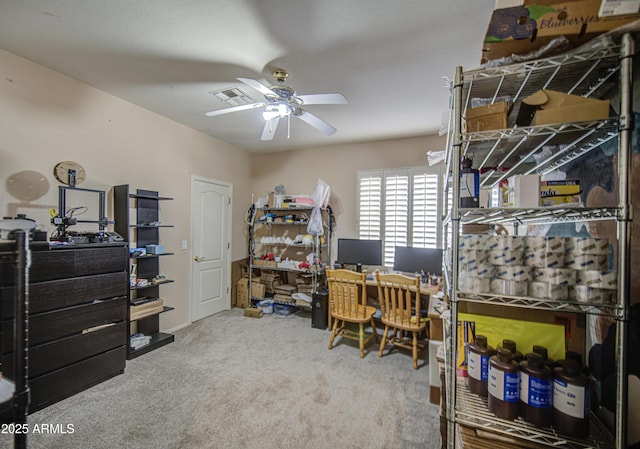 home office featuring ceiling fan, carpet, and visible vents