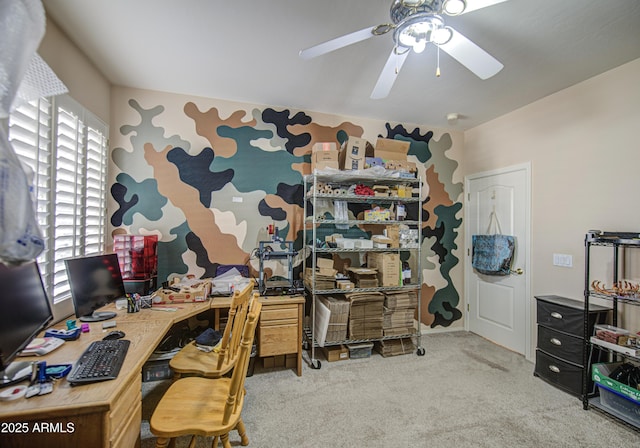 office area featuring a ceiling fan, a wealth of natural light, and carpet