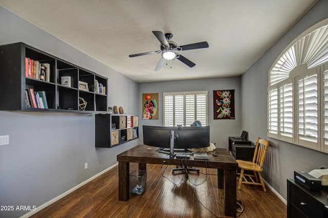office with baseboards, a ceiling fan, and wood finished floors