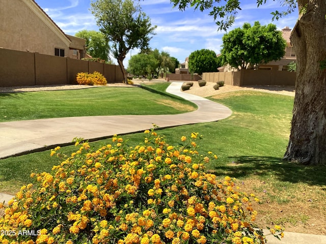 view of property's community featuring fence and a yard