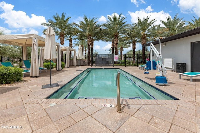 view of pool featuring a patio, fence, and a fenced in pool