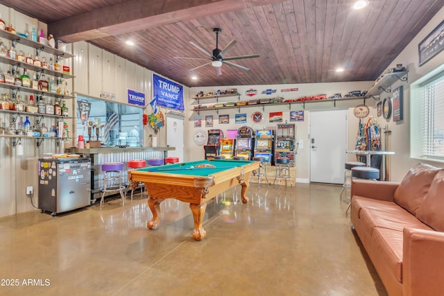 playroom featuring wooden ceiling, ceiling fan, concrete floors, and recessed lighting