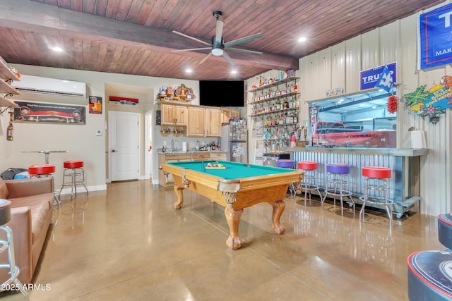 playroom featuring concrete flooring, wood ceiling, indoor wet bar, and a wall unit AC