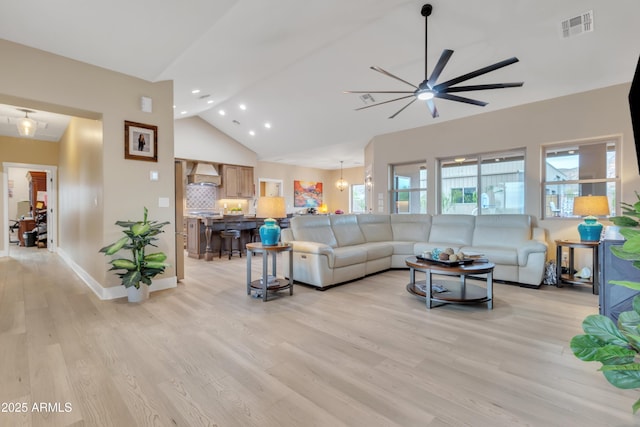 living room with recessed lighting, visible vents, ceiling fan, light wood-type flooring, and baseboards