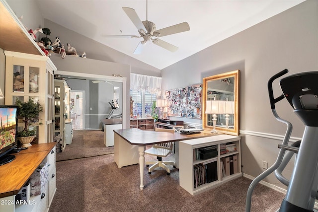 carpeted office space featuring ceiling fan and lofted ceiling