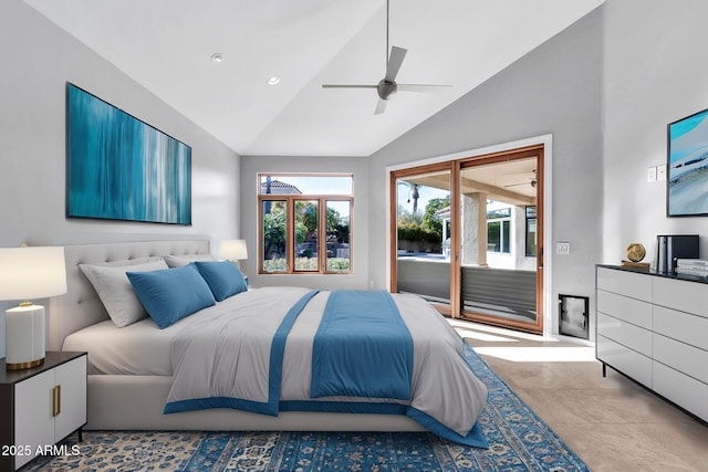 bedroom featuring ceiling fan, lofted ceiling, and access to outside