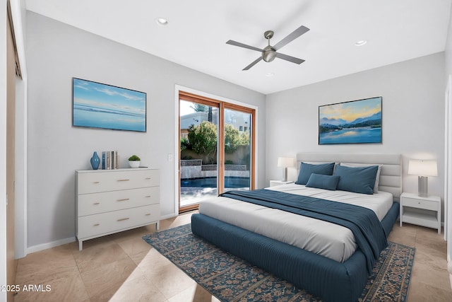 bedroom with access to exterior and ceiling fan