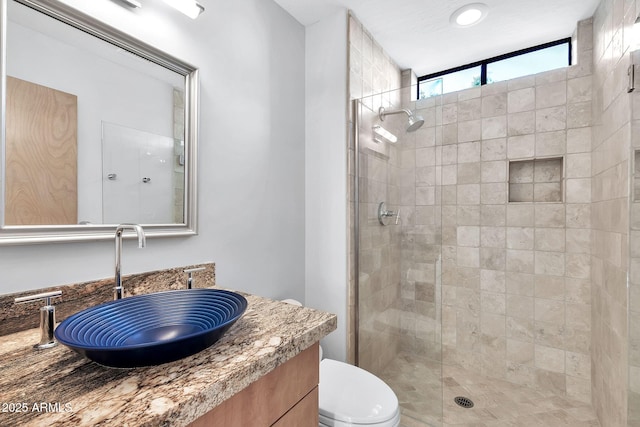 bathroom featuring vanity, a shower with shower door, and toilet