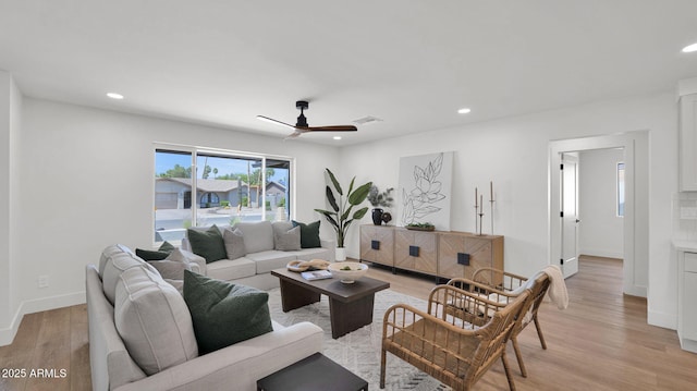 5109 E Blanche Dr, Scottsdale, AZ 85254 - living room featuring ceiling fan, recessed lighting, light wood-style flooring, and baseboards