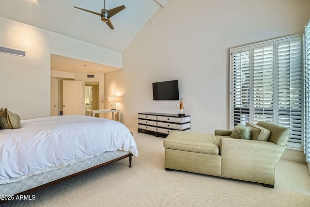 carpeted bedroom featuring beamed ceiling, ceiling fan, and high vaulted ceiling