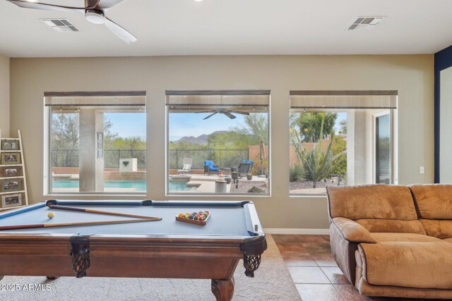 game room with visible vents, a ceiling fan, and billiards