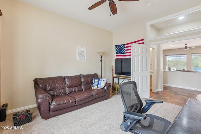 office with baseboards and ceiling fan