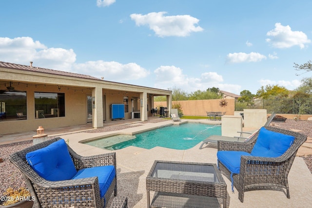 view of pool featuring a fenced backyard, an outdoor living space, a patio area, and a fenced in pool