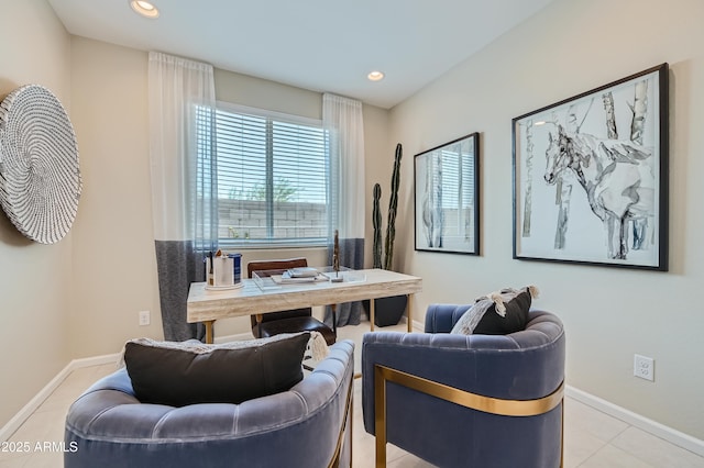 office area with light tile patterned flooring, recessed lighting, and baseboards