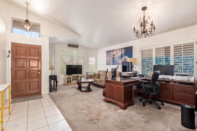 4441 E Desert Wind Dr, Phoenix, AZ 85044 - tiled office with lofted ceiling, carpet floors, and a chandelier