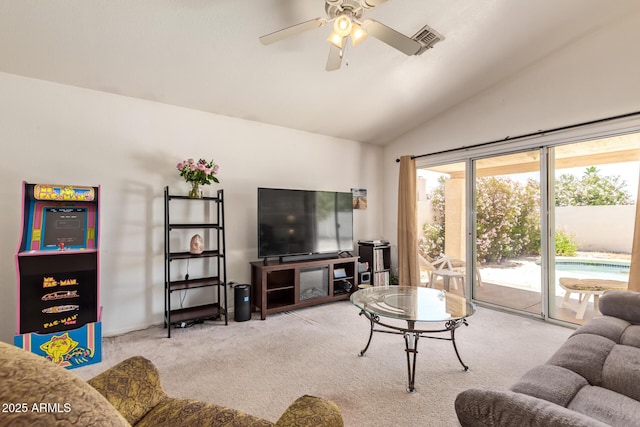 4441 E Desert Wind Dr, Phoenix, AZ 85044 - carpeted living room with vaulted ceiling and ceiling fan