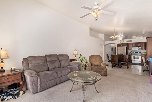 4441 E Desert Wind Dr, Phoenix, AZ 85044 - living area featuring lofted ceiling, a chandelier, a ceiling fan, light colored carpet, and light tile patterned floors