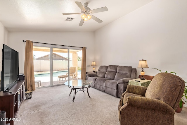 4441 E Desert Wind Dr, Phoenix, AZ 85044 - living area with lofted ceiling, carpet flooring, and ceiling fan
