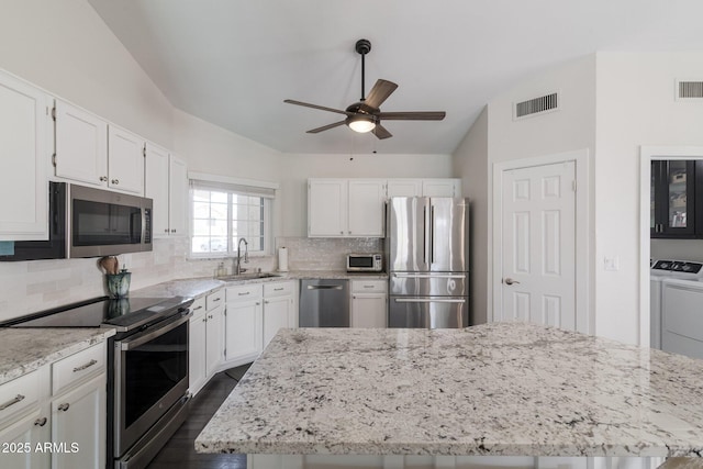 4313 E Briarwood Ter, Phoenix, AZ 85048 - kitchen with stainless steel appliances, a sink, independent washer and dryer, vaulted ceiling, and ceiling fan