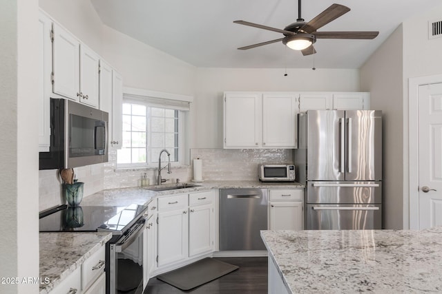 4313 E Briarwood Ter, Phoenix, AZ 85048 - kitchen featuring stainless steel appliances, a sink, ceiling fan, and white cabinetry