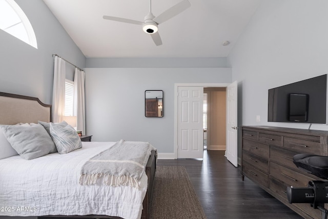 4313 E Briarwood Ter, Phoenix, AZ 85048 - bedroom featuring dark wood-style floors, high vaulted ceiling, baseboards, and a ceiling fan