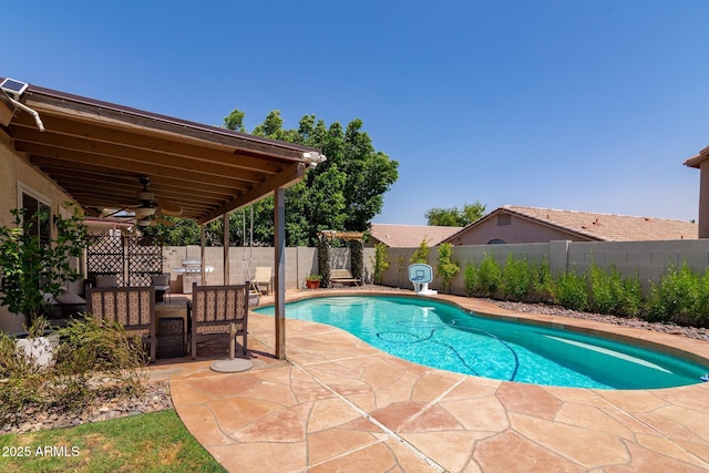 4313 E Briarwood Ter, Phoenix, AZ 85048 - view of swimming pool with a fenced backyard, ceiling fan, and a patio