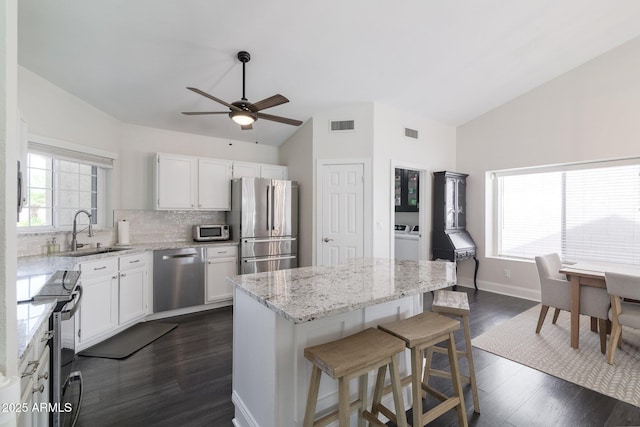 4313 E Briarwood Ter, Phoenix, AZ 85048 - kitchen featuring appliances with stainless steel finishes, a sink, vaulted ceiling, a ceiling fan, and decorative backsplash