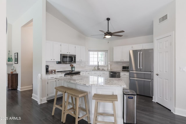 4313 E Briarwood Ter, Phoenix, AZ 85048 - kitchen featuring appliances with stainless steel finishes, a sink, tasteful backsplash, a ceiling fan, and dark wood finished floors