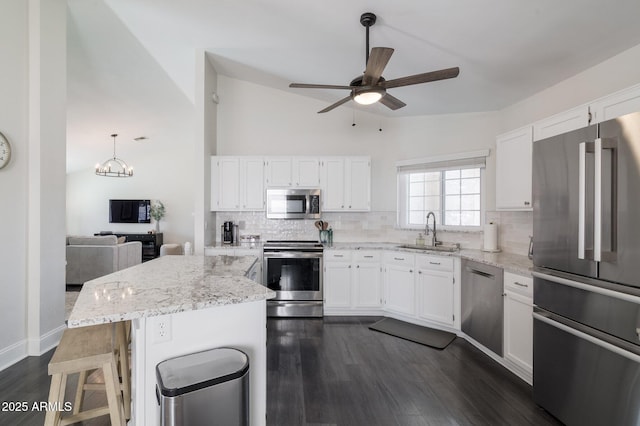 4313 E Briarwood Ter, Phoenix, AZ 85048 - kitchen featuring appliances with stainless steel finishes, a sink, decorative backsplash, a ceiling fan, and high vaulted ceiling