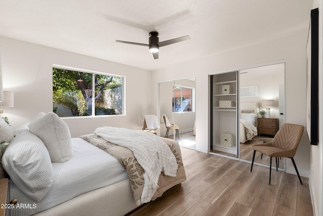 bedroom with ceiling fan, wood finished floors, and two closets