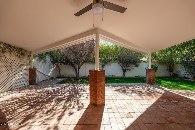 view of patio with a ceiling fan and a fenced backyard