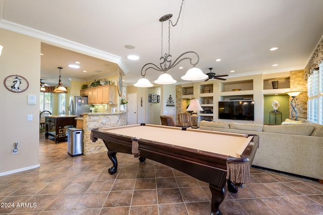 game room with ceiling fan, ornamental molding, billiards, and built in shelves