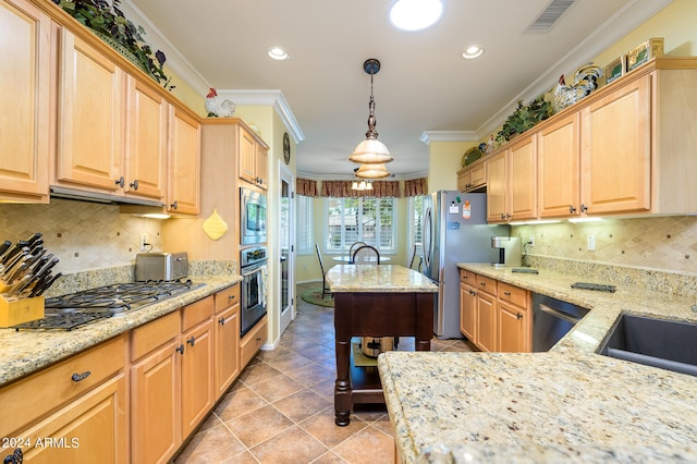 kitchen featuring tasteful backsplash, hanging light fixtures, light stone countertops, ornamental molding, and stainless steel appliances