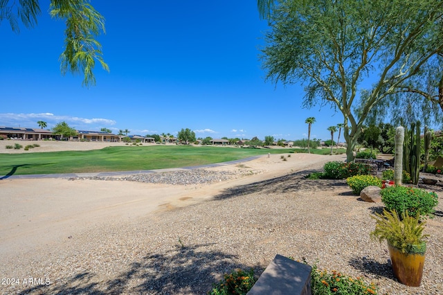 view of community featuring a yard and golf course view