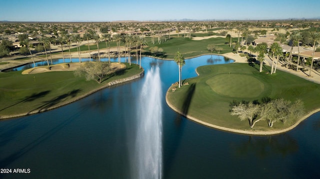 aerial view featuring view of golf course and a water view