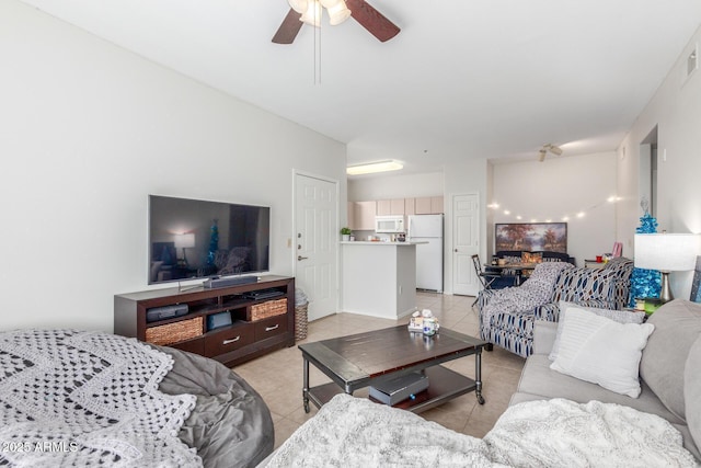 tiled living room featuring ceiling fan