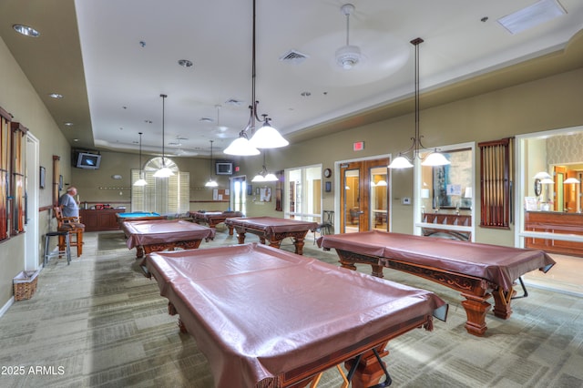 rec room featuring carpet floors, billiards, and french doors