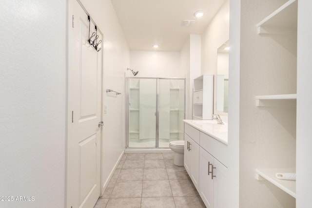 bathroom with tile patterned floors, toilet, recessed lighting, a shower stall, and vanity