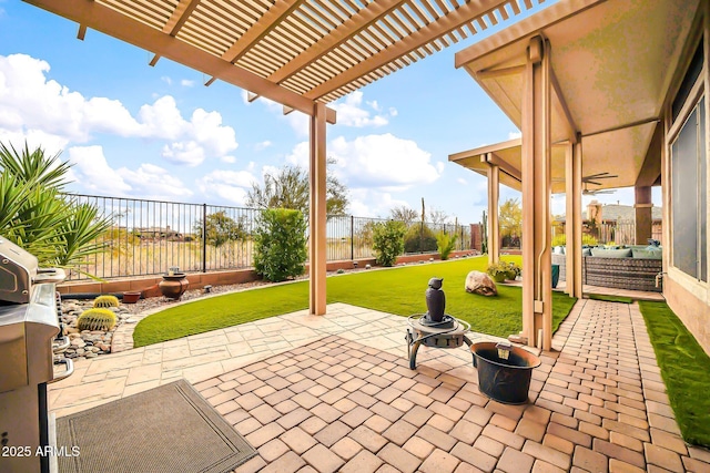 view of patio featuring a fenced backyard, a grill, and a pergola