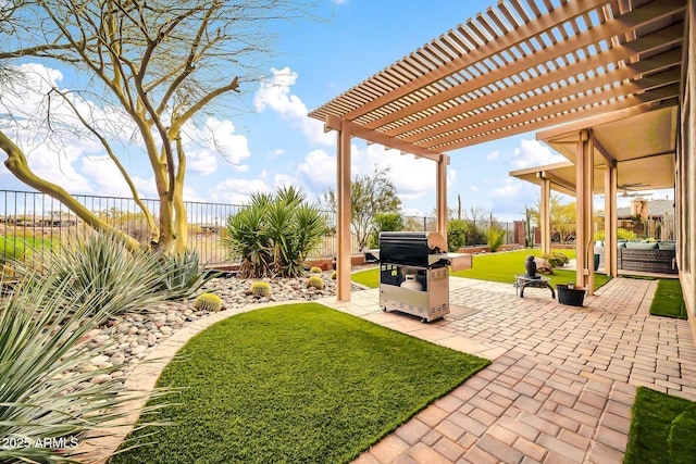 view of yard featuring a patio, a fenced backyard, and a pergola