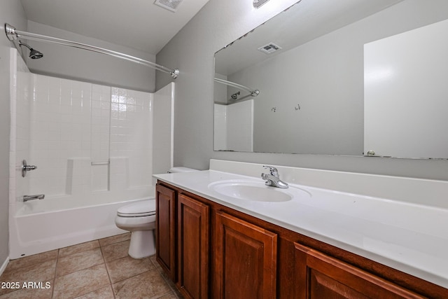 full bath featuring visible vents, toilet, tile patterned flooring, shower / bath combination, and vanity