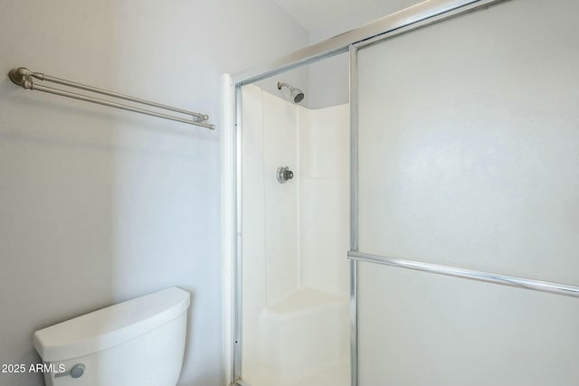 bathroom with a stall shower and toilet